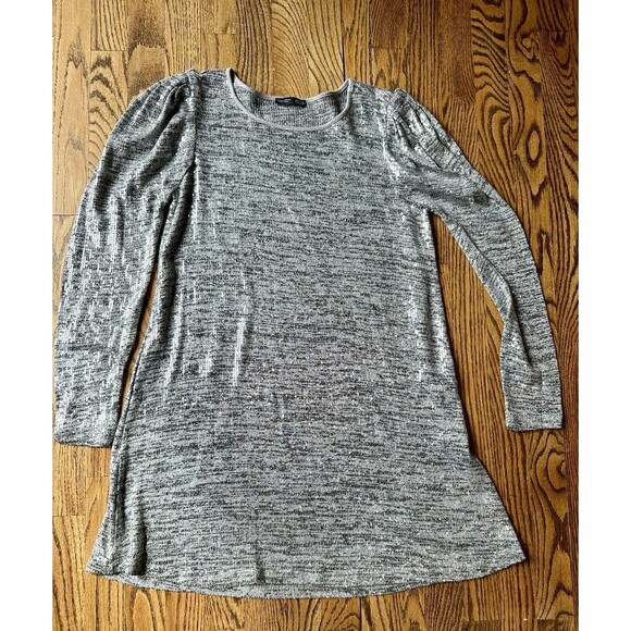 ZARA WOMEN'S HEATHER GRAY THIN KNIT LONG PUFF SLEEVE SEQUIN MINI DRESS Sz Large - Picture 6 of 11